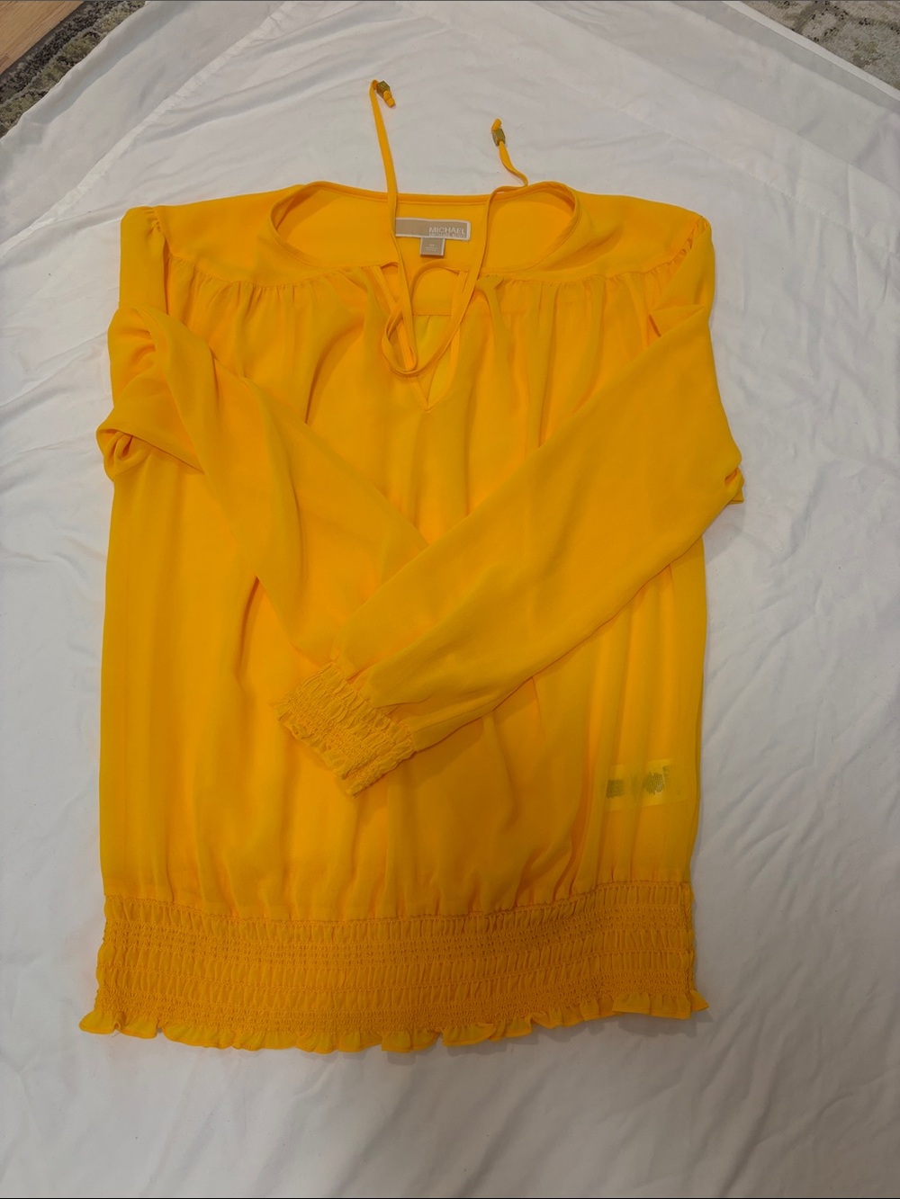 Michael Kors Bright Yellow Tie-Neck Smocked-Hem Blouse